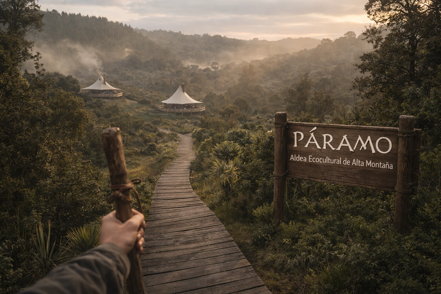 Sendero de madera hacia la Aldea Ecocultural PÁRAMO al amanecer en el Páramo de Chingaza
